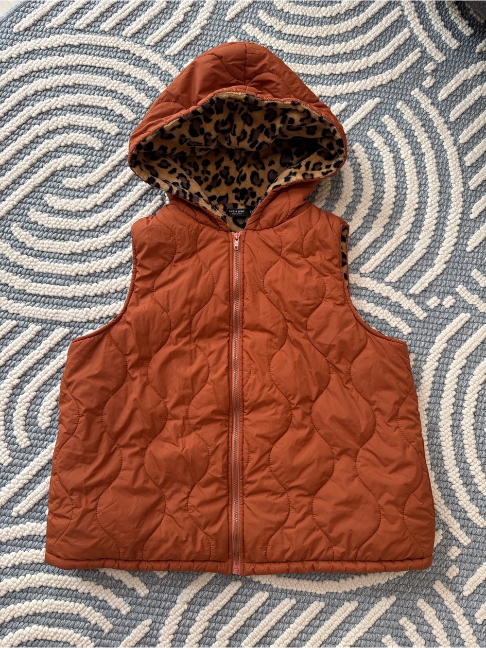 SHEIN Curve Rust Quilted Hooded Puffer Vest Leopard Fleece Lined 1XL Plus